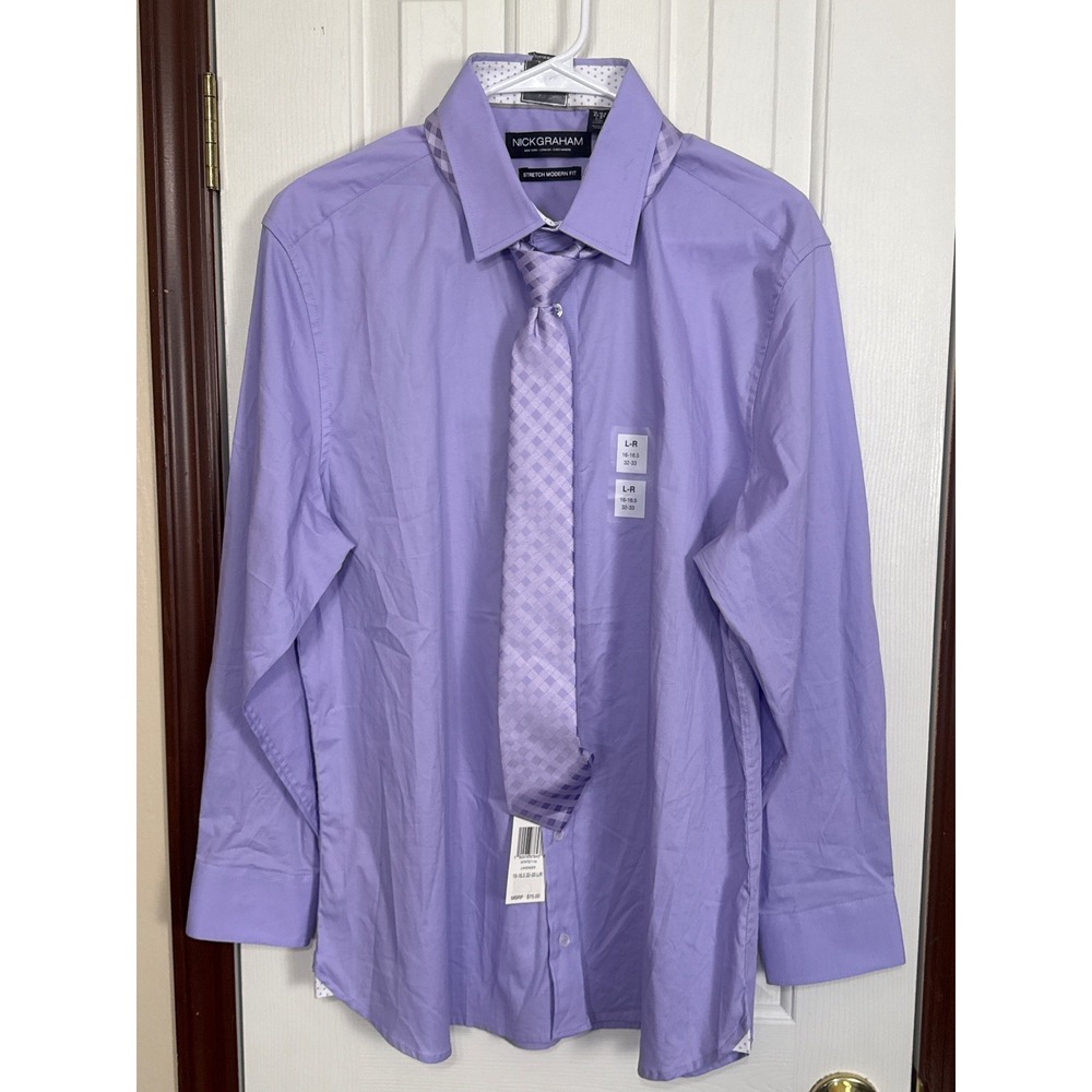 Nick Graham Lavender Dress Shirt Tie Set Stretch Modern Fit 16-16.5‎